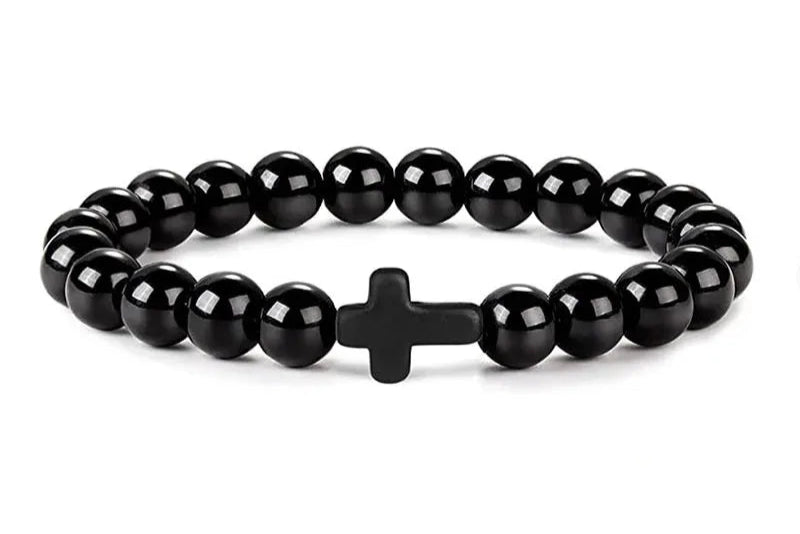 FULL SHINY BLACK CROSS PEARL BRACELET
