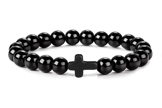 Bracelet Prestige Perles Croix Noire Full Brillant - Bijou Spirituel Luxe