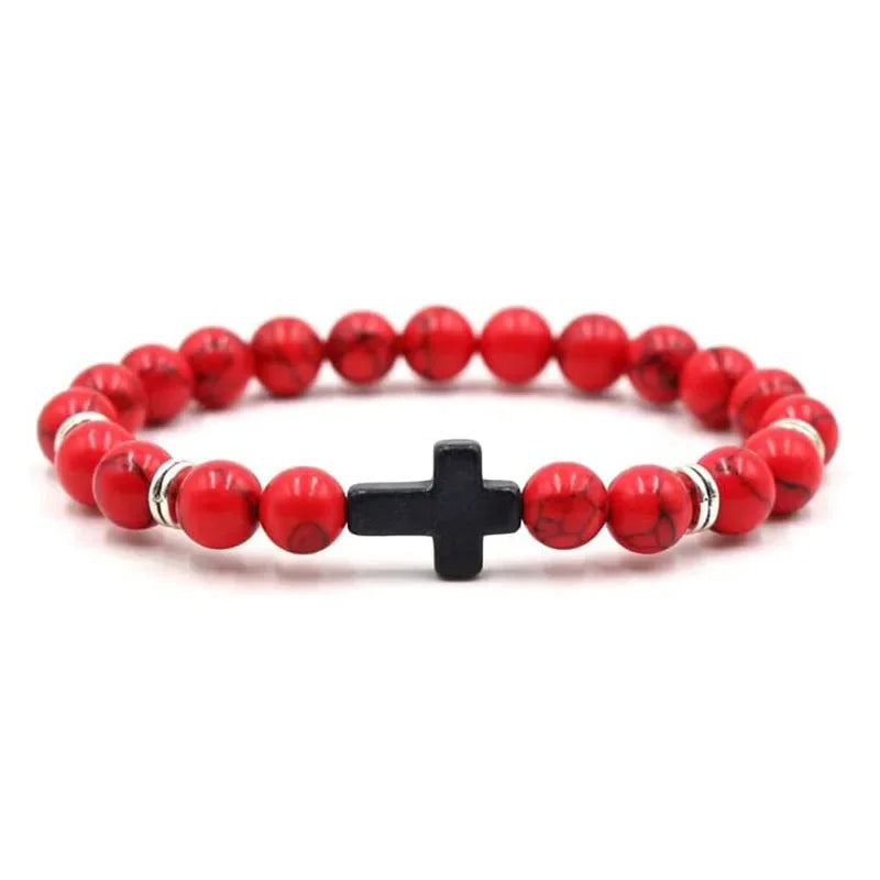 BRACELET PERLE ROUGE CROIX NOIR
