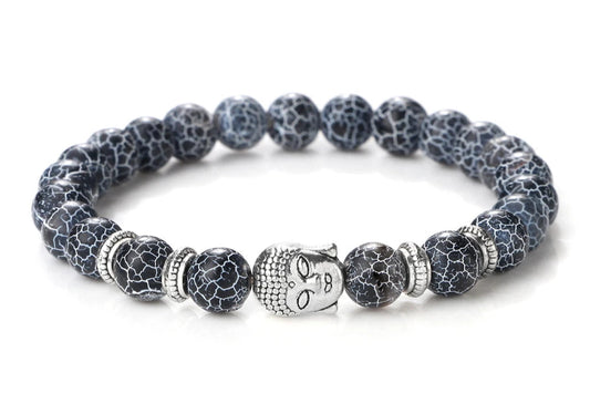Bracelet Bouddha MARBRE NOIR / ARGENT - Bijoux Spirituel Luxe FRANCE