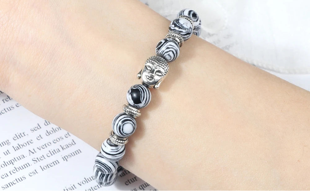 Bracelet Bouddha NOIR BLANC / ARGENT Bijoux Spirituel Luxe FRANCE