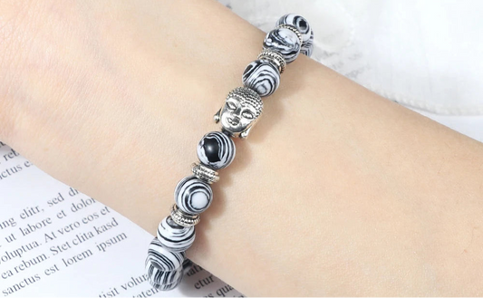 Bracelet Bouddha NOIR BLANC / ARGENT Bijoux Spirituel Luxe FRANCE