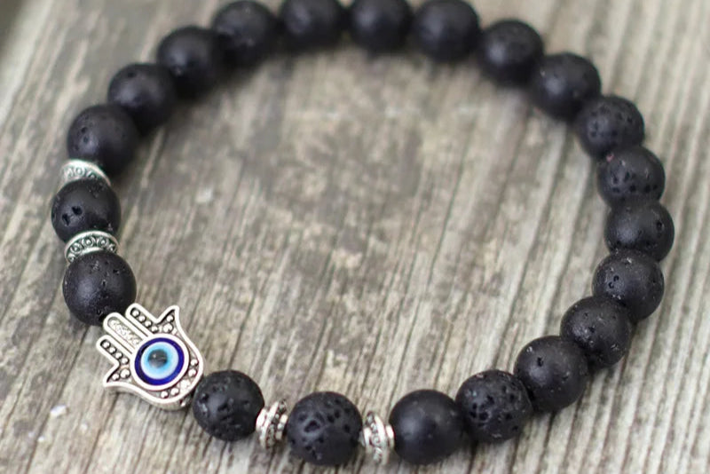 Bracelet Main de Fatma NOIR LAVE / ARGENT Amulette Protection Luxe FRANCE