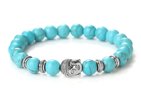 Bracelet Perles Bouddha LAGON / ARGENT Bijoux Spirituel Luxe FRANCE