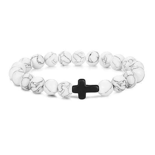 BRACELET PERLE BLANCHE CROIX NOIR