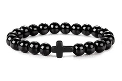 Bracelet Prestige Perles Croix Noire Full Brillant - Bijou Spirituel Luxe