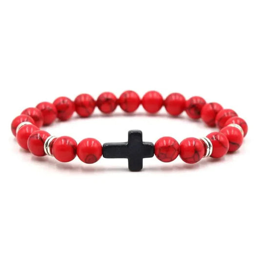 BRACELET PERLE ROUGE CROIX NOIR