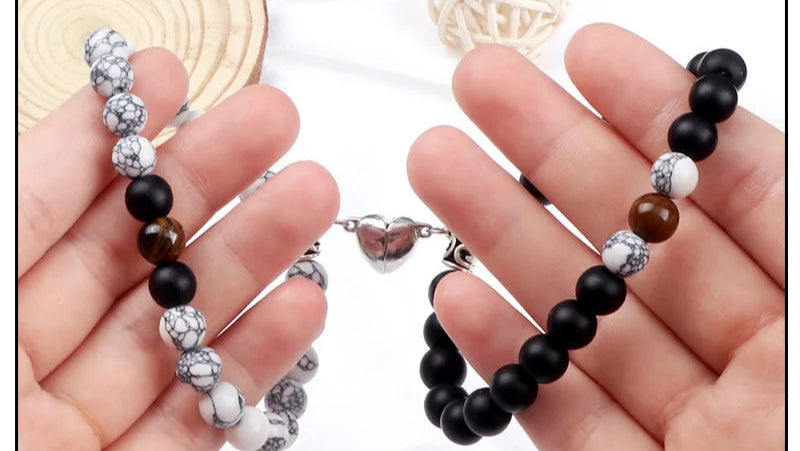 Hot Sale 2Pcs/Set Beads Bracelet For Lovers Natural Stone Distance Heart Magnet Couple Bracelets Friendship Fashion Jewelry Gift